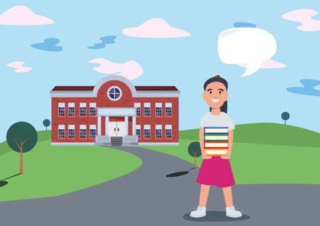 girl student with books front school building vector illustrationのイラスト素材