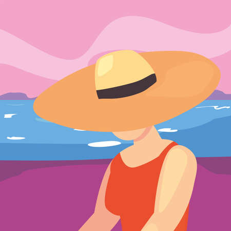 beautiful woman with swimsuit and hat summer time vector illustrationのイラスト素材