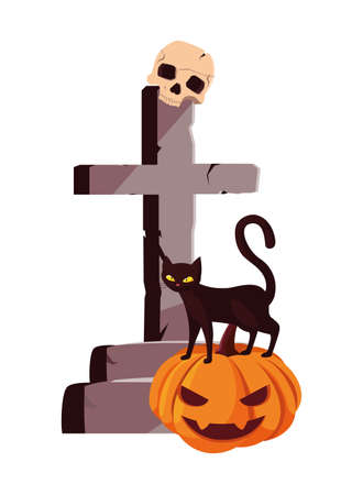 cemetery cross cat pumpkin and skull happy halloween celebration design vector illustrationのイラスト素材