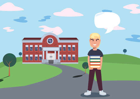 boy student with books front school building vector illustrationのイラスト素材