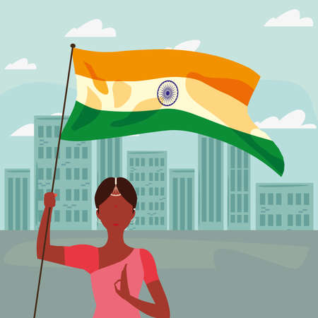 india independence day - flag indian woman in traditional saree vector illustrationのイラスト素材