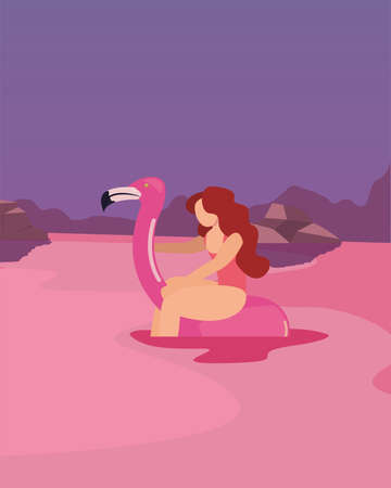 woman with flamingo float summer time vacations design vector illustrationのイラスト素材