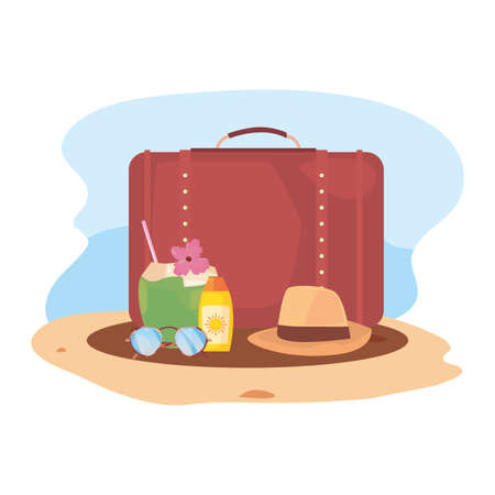 suitcase sunglasses hat sunblock cocktail summer time vacation vector illustrationのイラスト素材