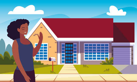 woman character standing front house vector illustrationのイラスト素材
