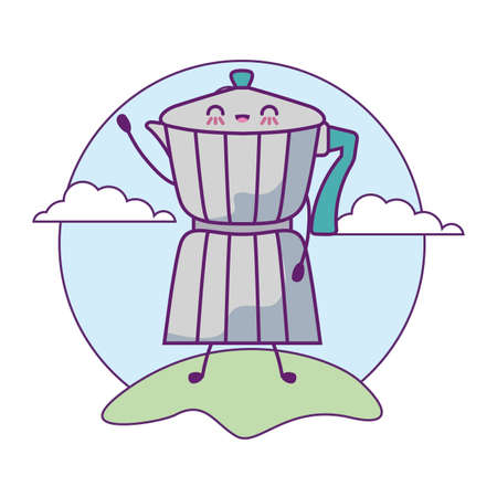 cute teapot kitchen in landscape kawaii style vector illustration designのイラスト素材