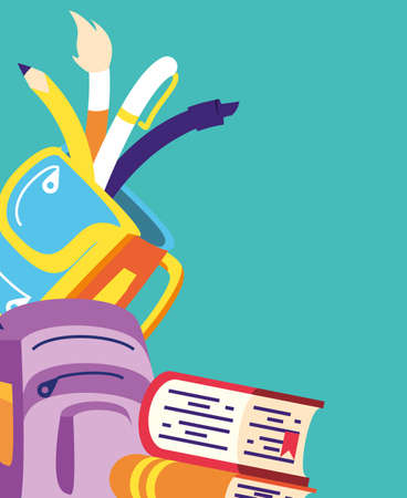 set of pencils with school bag and supplies vector illustration designのイラスト素材
