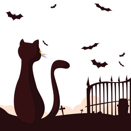 cat in the cemetery happy halloween celebration design vector illustrationのイラスト素材