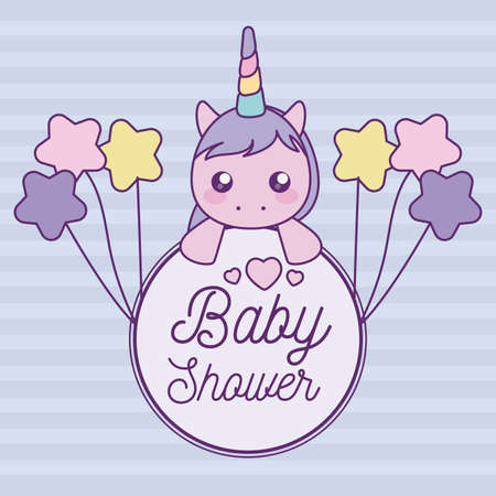 baby shower card with head of cute unicorn vector illustration designのイラスト素材