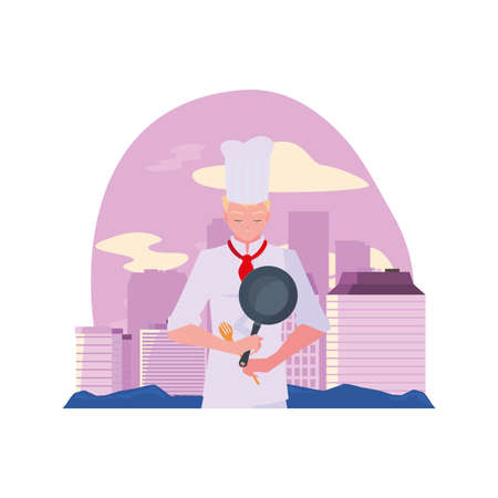 man chef holding frying pan cooking in the city vector illustrationのイラスト素材