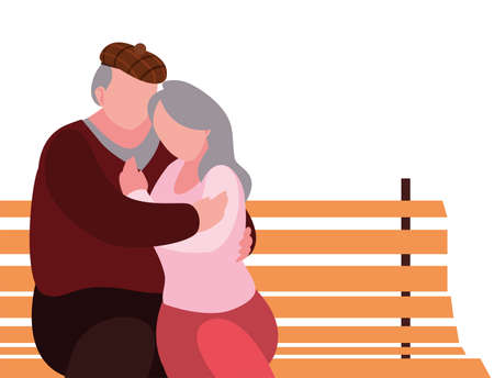 grandfather and grandmother sitting on a bench hugging - happy grandparents day vector illustrationのイラスト素材