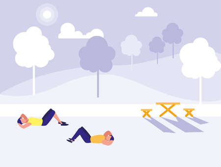 couple of people in park in the city doing sports vector illustration designのイラスト素材