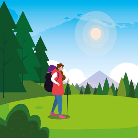 hiking woman traveler landscape natural vector illustrationのイラスト素材