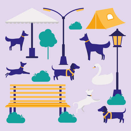 Park and dogs icon set design, Nature outdoor season spring summer vacation scene environment and recreation theme Vector illustrationのイラスト素材