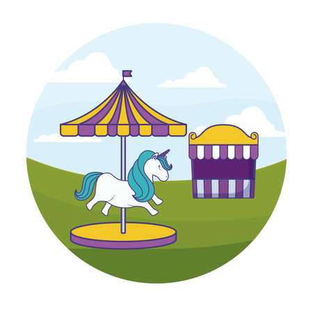 carousel with unicorn and tent circus in frame circular vector illustration designのイラスト素材