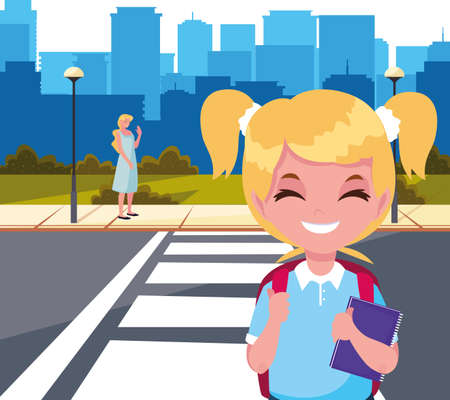 school girl with mom the street bus stop vector illustrationのイラスト素材