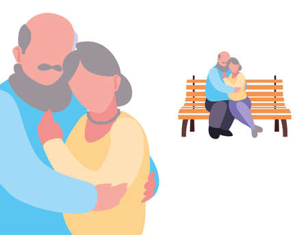grandpa and grandma sitting on a bench and others hugging - happy grandparents day vector illustrationのイラスト素材