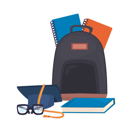 backpack notebooks graduation hat book back to school flat design vector illustrationのイラスト素材