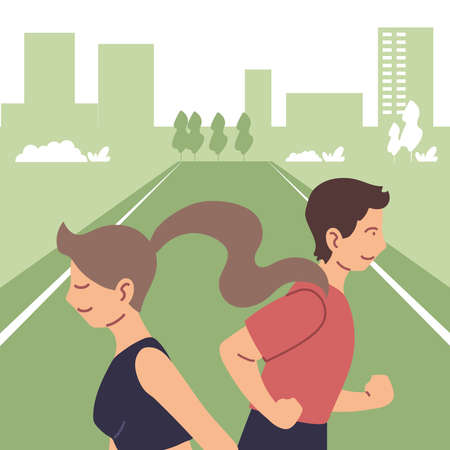 Woman and man running at city design, Stay healthy sport and outdoor activity theme Vector illustrationのイラスト素材