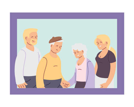 Grandmother grandfather daughter and son in frame design, Old woman man female male person mother father and grandparents theme Vector illustrationのイラスト素材