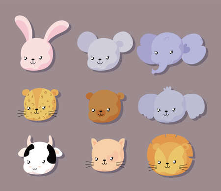 set of animal faces for baby card and invitation vector illustration designのイラスト素材