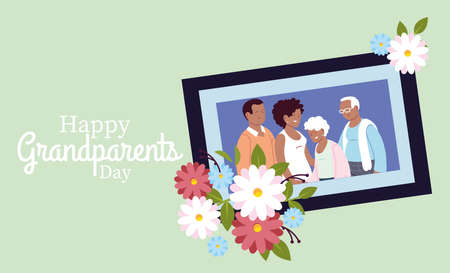 Grandmother grandfather daughter and son in frame with flowers design, Happy grandparents day theme Vector illustrationのイラスト素材