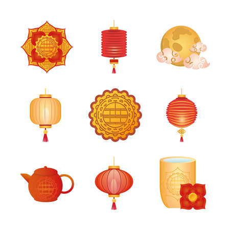 set of icons mid autumn festival or chinese moon festival vector illustration designのイラスト素材
