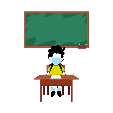 Boy with mask on desk in classroom vector illustrarion designのイラスト素材