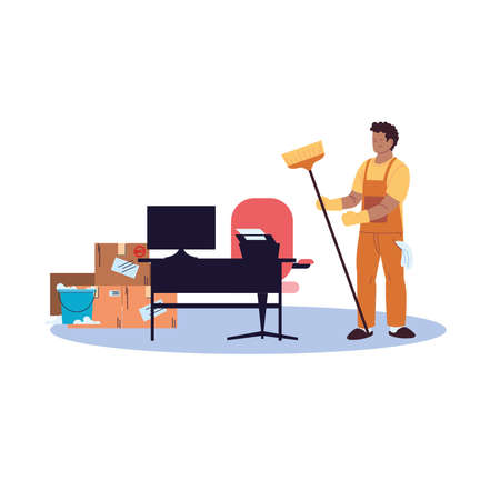 cleaning man doing office cleaning work vector illustration designのイラスト素材