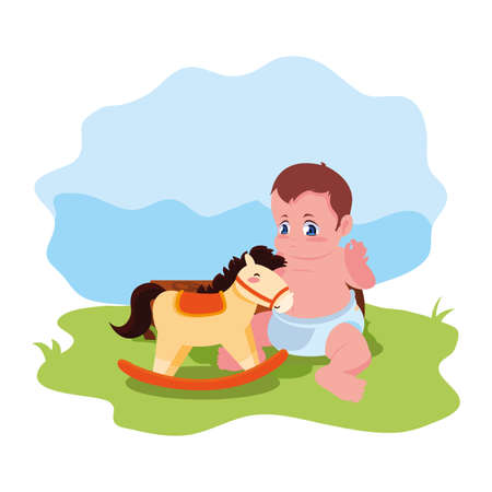 baby boy with toy rocking horse vector illustrationのイラスト素材