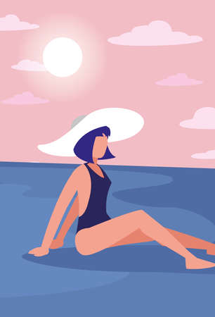 beautiful woman with swimsuit and hat summer time vector illustrationのイラスト素材
