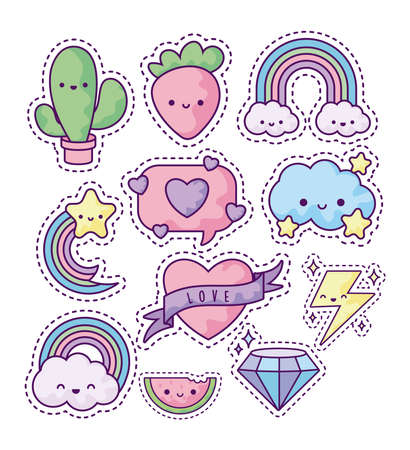 set of fashion patches, fun cartoon icons vector illustration designのイラスト素材