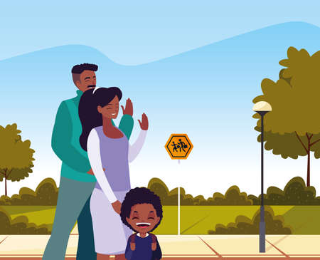 parents with school boy in the street vector illustrationのイラスト素材