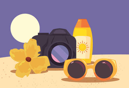 summer time holiday beach camera sunglasses sunblock flower vector illustrationのイラスト素材