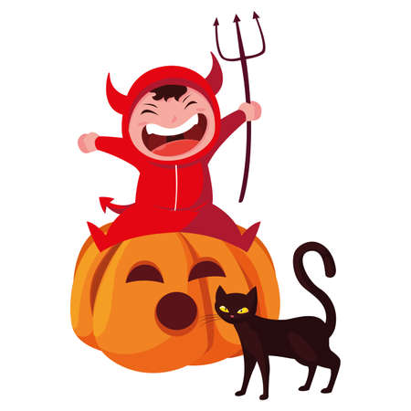 boy in devil costume halloween with pumpkin cat vector illustrationのイラスト素材