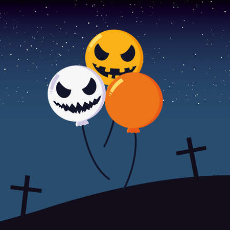 balloons helium with icons in scene halloween vector illustration designのイラスト素材