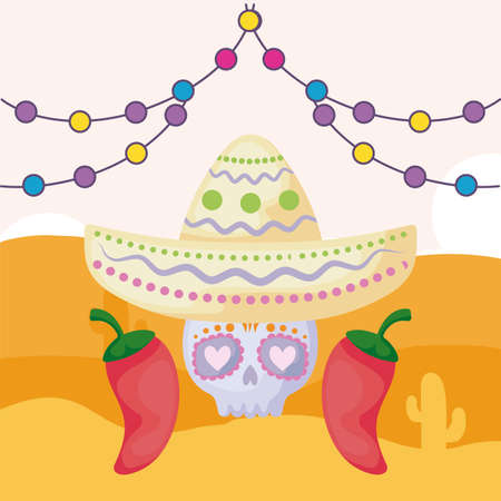 mexican skull with hat and desert in the background vector illustration designのイラスト素材