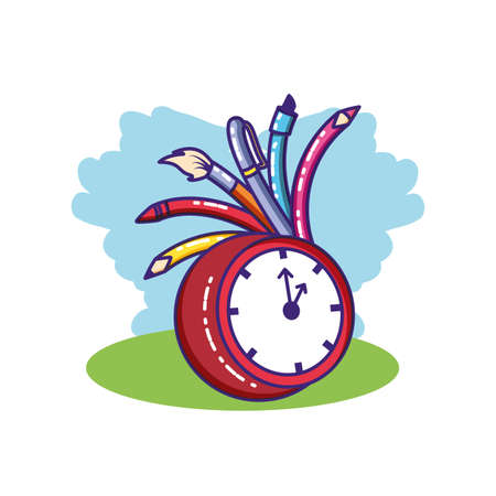time clock with set of pencils and colors supplies vector illustration designのイラスト素材