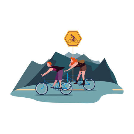 man and woman riding bicycle activity mountain landscape vector illustrationのイラスト素材