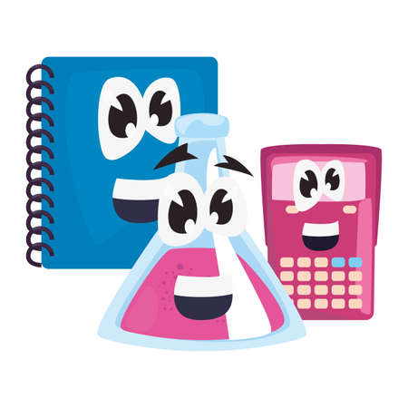 notebook calculator chemistry flask cartoon back to school flat design vector illustrationのイラスト素材