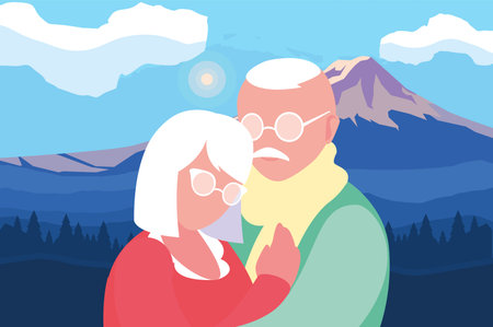 grandfather and grandmother hugging mountains landscape - happy grandparents day vector illustration