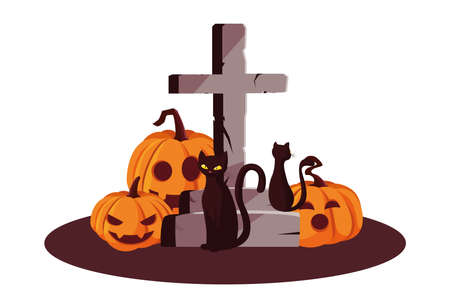 pumpkins cats and cross happy halloween vector illustrationのイラスト素材