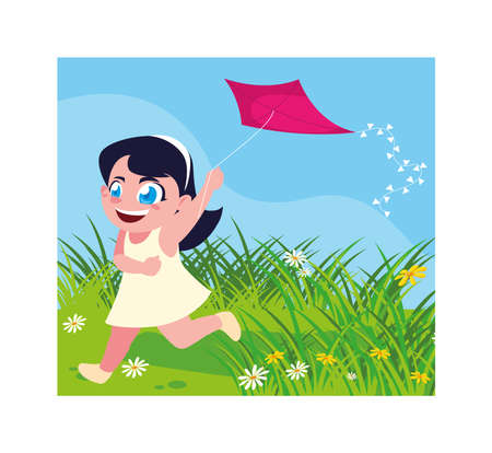 girl smiling and playing with a kite on background landscape vector illustration designのイラスト素材
