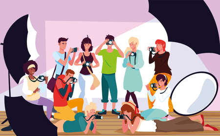 group of people with cameras in photo studio vector illustration designのイラスト素材