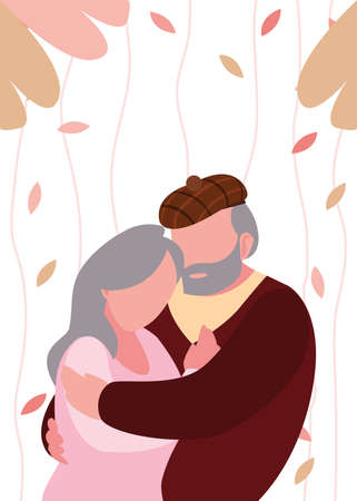 grandpa and grandma hugging leaves decoration - happy grandparents day vector illustrationのイラスト素材