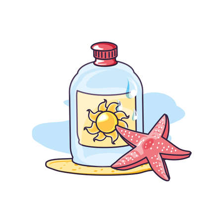 solar blocker bottle in the beach with starfish vector illustration designのイラスト素材