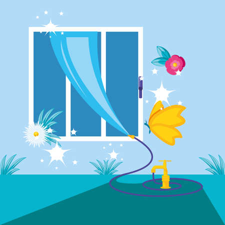 window of home with hose cleaning vector illustration designのイラスト素材