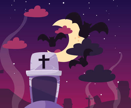 graveyard tombstone with moon in scene of halloween vector illustration designのイラスト素材