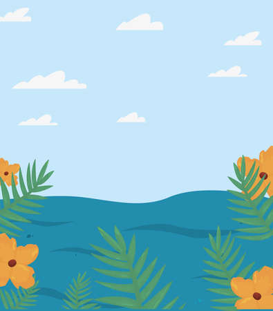 summer time holiday landscape beach sea flowers banches vector illustrationのイラスト素材