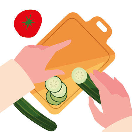 hands with cucumber cutting board preparation cooking vector illustrationのイラスト素材