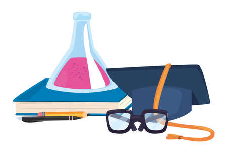 graduation hat chemistry flask glasses pen back to school flat design vector illustrationのイラスト素材